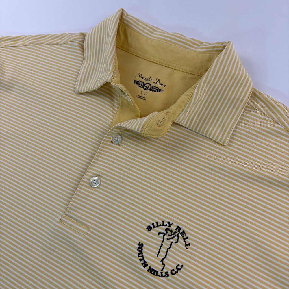 Straight Down Billy Bell South Hills CC Polo Mens Large Yellow Striped Golf